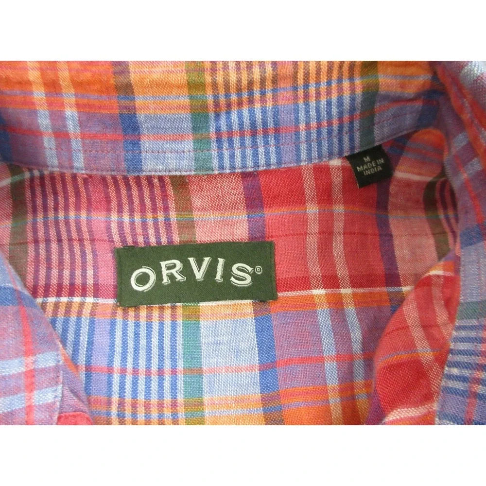 Orvis Shirt Mens Medium Red Plaid Linen Madras Button Up Casual Lightweight